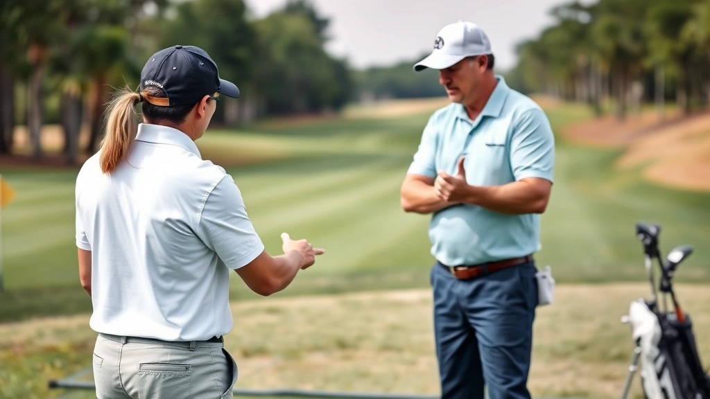 Experienced golf instructor teaching student proper stance and posture near practice range, showing hands-on coaching and fundamentals instruction