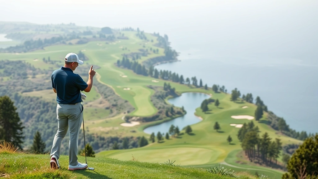 Golfer standing on elevated tee box analyzing course layout with strategic view of fairway, water hazards, and bunkers for course management planning