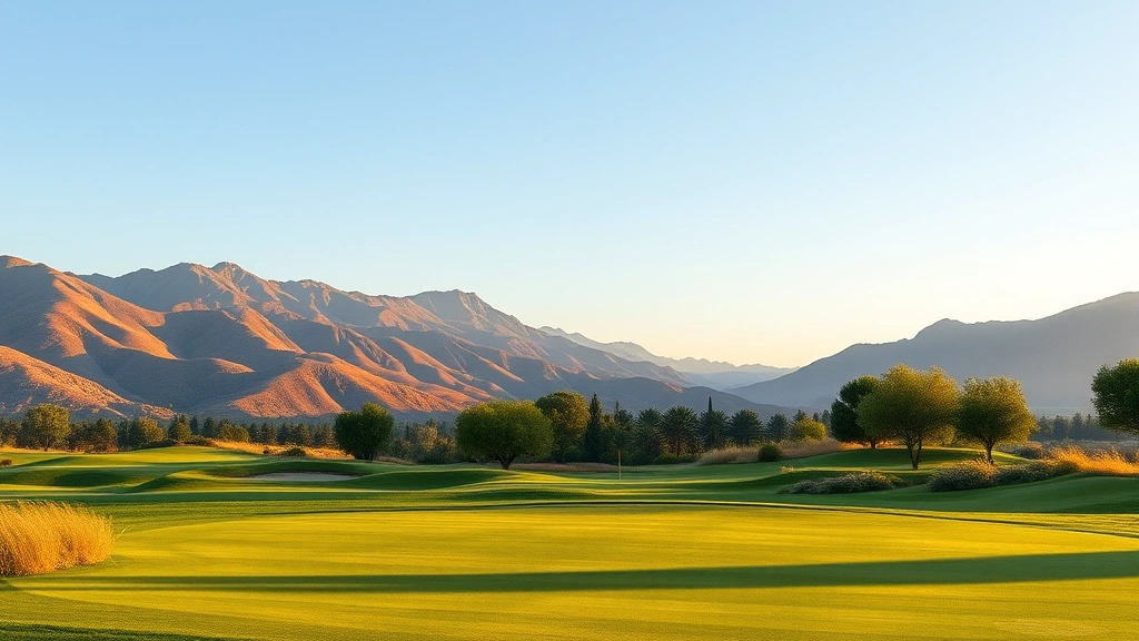 Scenic view of a golf course fairway with elevation changes and natural foothills in the background, early morning golden light, no golfers visible, photorealistic landscape photography