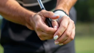 Close-up of golfer's hands demonstrating proper grip pressure and positioning on golf club during practice session, showing relaxed yet controlled grip