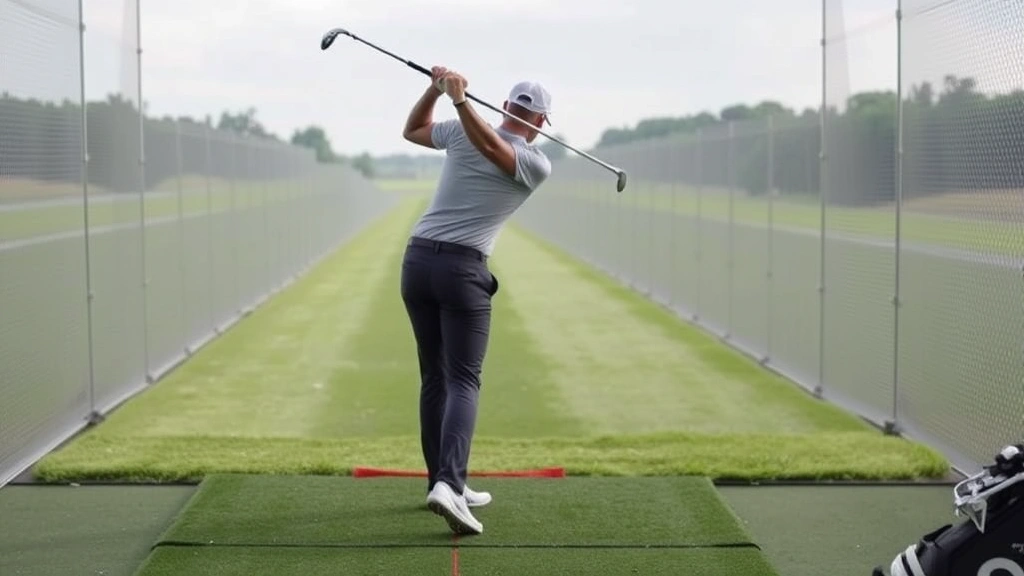 Golfer mid-swing demonstrating perfect posture with proper spine angle, knee flex, and balanced weight distribution during full-swing practice at driving range