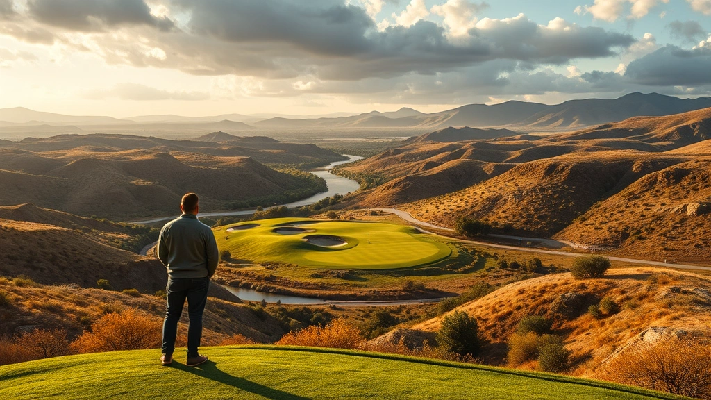 Elevated tee box overlooking a valley golf hole with strategic water hazards and bunker placements, scenic vista of surrounding hills and natural terrain, dramatic elevation change, photorealistic course design