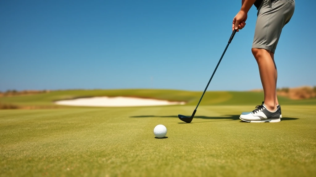 Golfer addressing ball on manicured fairway with water hazard visible in background, clear blue sky, professional stance, realistic golf course environment