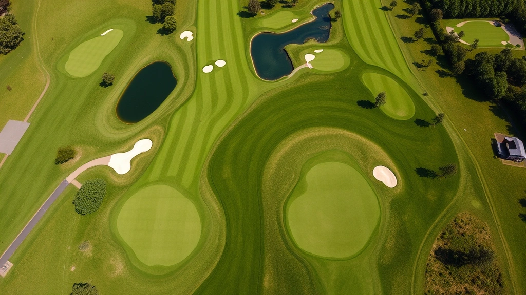 Wide overhead view of championship golf course with multiple fairways, bunkers, and water features visible, lush green landscape, natural lighting conditions