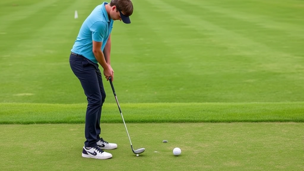Beginner golfer in athletic stance addressing golf ball, showing proper posture with forward hip bend, relaxed knees, shoulders aligned with target line, green fairway background, demonstrating full body positioning for swing