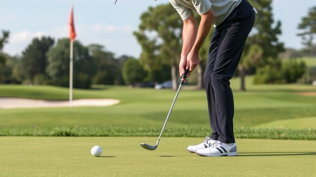 Golfer practicing short game near green, chipping ball toward flag, showing narrow stance with forward weight distribution, focused putting stroke mechanics, manicured golf course background, precision technique demonstration