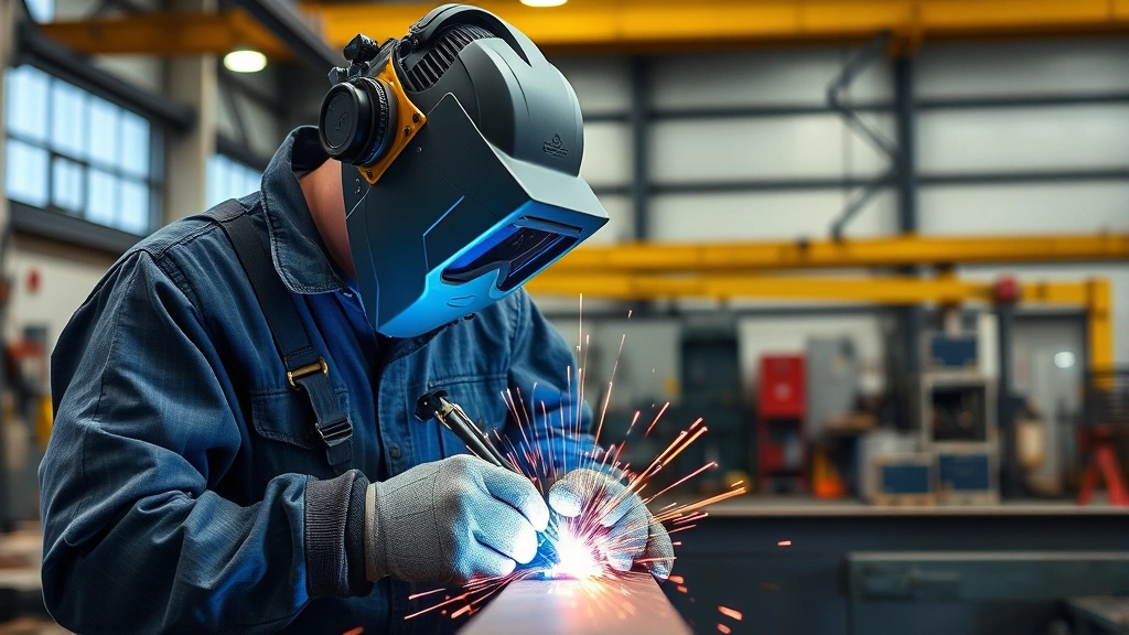 Professional welder in safety gear performing welding work on metal structure in modern industrial workshop with sparks flying, focused concentration on precise welding technique
