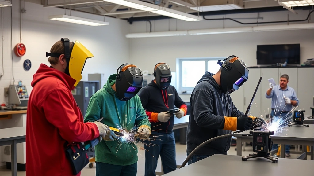 Welding students in safety equipment practicing in bright vocational classroom laboratory with multiple welding stations, instructor observing technique from background
