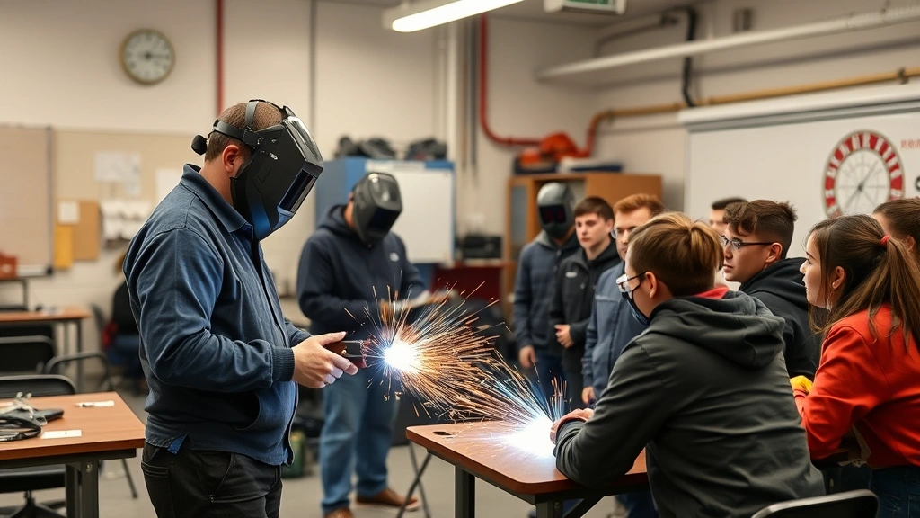 Welding instructor demonstrating proper technique to diverse group of students in classroom laboratory setting with welding stations and safety equipment visible
