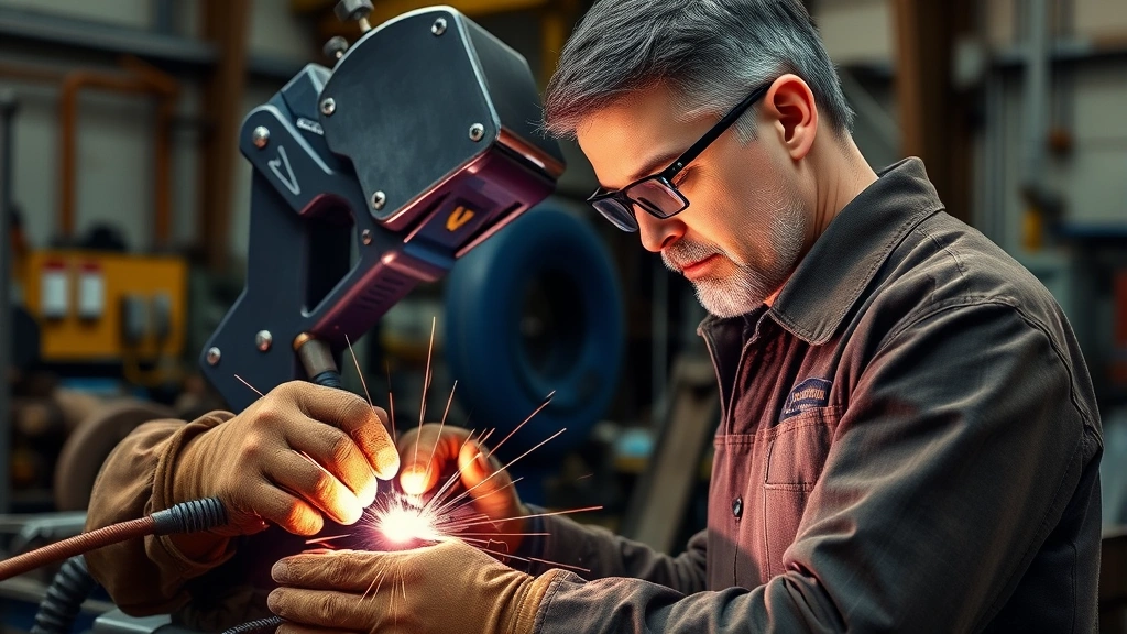 Experienced welder examining completed weld joint with inspection tools in fabrication shop, showing quality control and professional craftsmanship in industrial setting