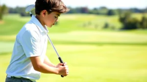 Young student in golf stance on fairway concentrating on swing form, natural outdoor lighting, green course landscape in background, focused expression
