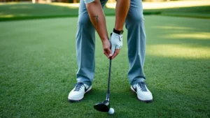 Professional golfer demonstrating proper grip and stance at address on a lush green fairway, hands showing correct finger positioning, neutral posture with flexed knees