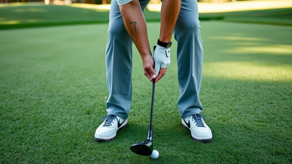 Professional golfer demonstrating proper grip and stance at address on a lush green fairway, hands showing correct finger positioning, neutral posture with flexed knees