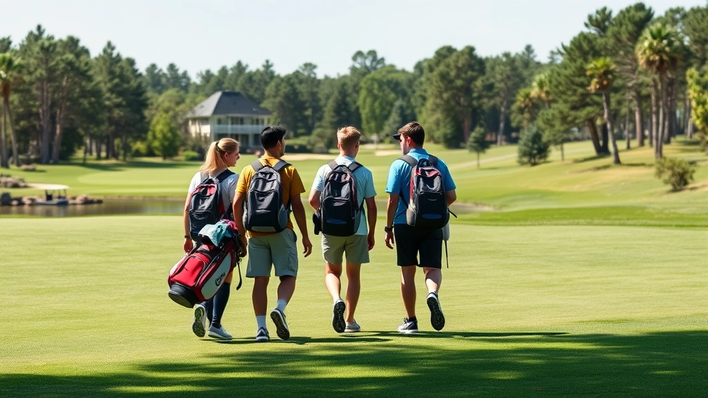 Group of middle school students walking across golf course carrying bags, discussing strategy together, natural daylight, trees and water hazards visible