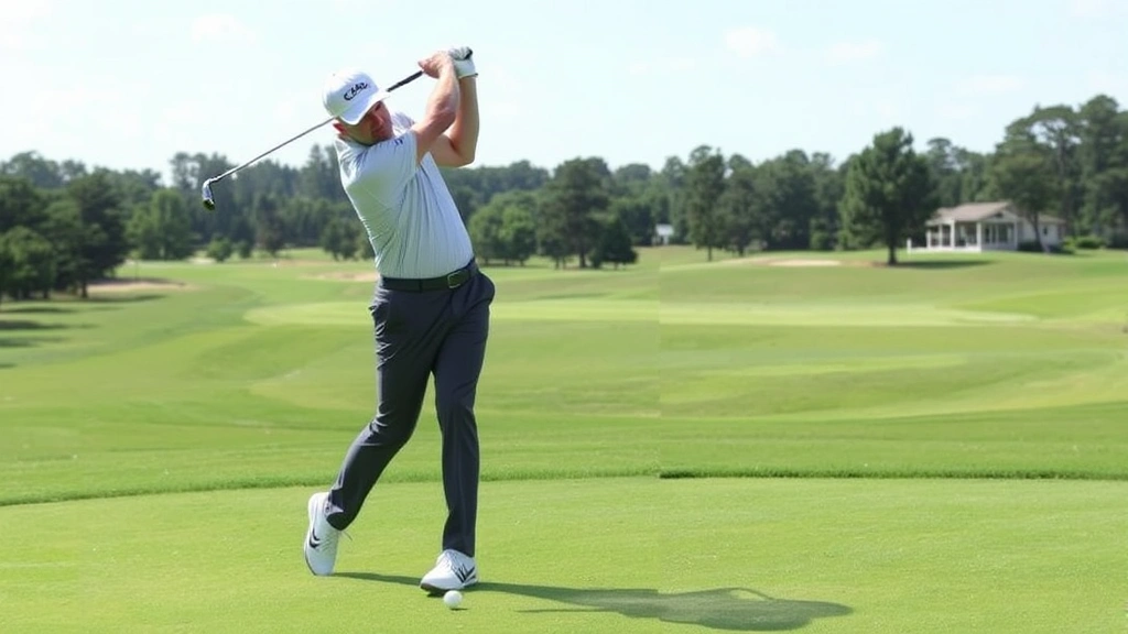 Golfer executing a smooth swing transition with proper weight shift, torso rotation visible, club at waist height during downswing on manicured course