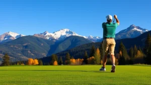 Golfer in vibrant mountain landscape hitting tee shot with snow-capped peaks in background, early morning light on fairway, lush green grass, clear Montana sky