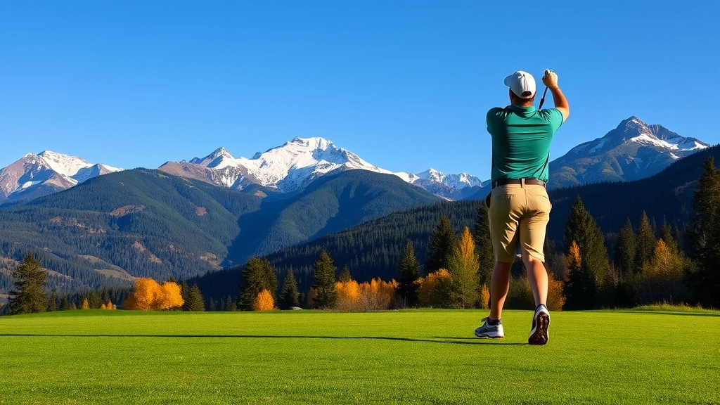 Golfer in vibrant mountain landscape hitting tee shot with snow-capped peaks in background, early morning light on fairway, lush green grass, clear Montana sky