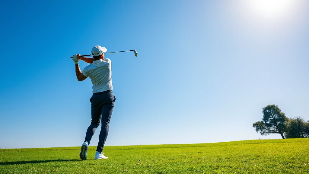 Professional golfer executing a perfect tee shot with driver, ball in mid-flight against blue sky, lush green fairway below, morning sunlight