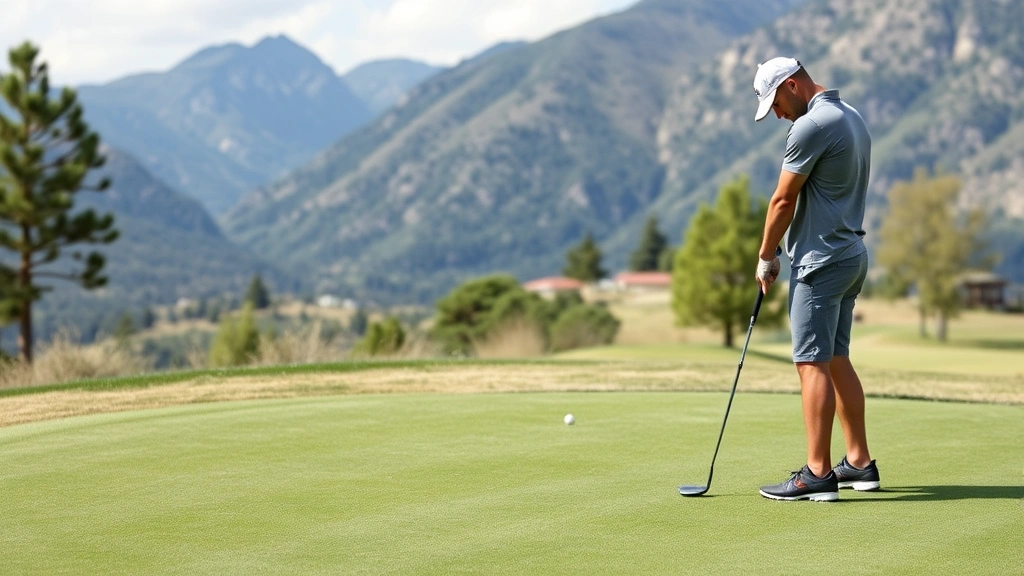 Beginner golfer practicing short game on putting green with mountain vista, perfect posture and concentration, natural lighting, manicured practice area