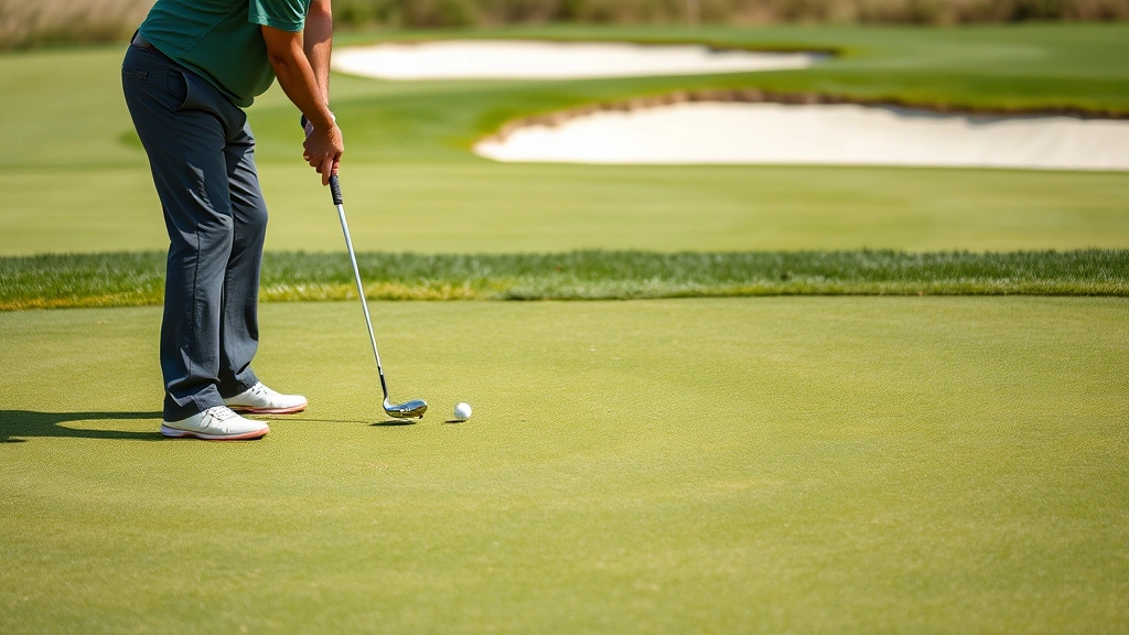 Golfer in short game practice area chipping from rough onto pristine green, focused concentration, natural grass and bunker visible in background