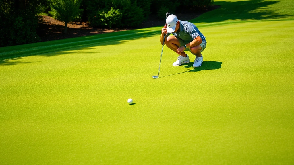 Golfer reading putting green, crouched examining slope and grain direction, well-maintained championship-quality green with cup visible, natural lighting
