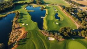 Aerial view of a well-designed golf course showing fairways, greens, and natural water features with surrounding trees and landscape, photorealistic daytime shot