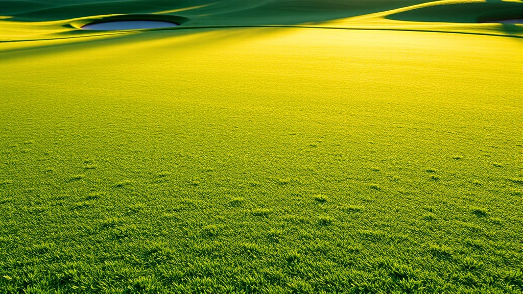 Close-up of a golf course green with subtle contours and strategic bunker placement, lush turf condition with morning light, photorealistic professional quality