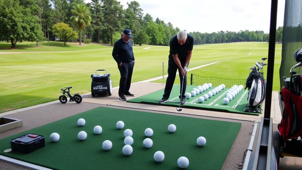 Golfer practicing at range with multiple golf balls, focusing on technique and consistency, instructor nearby observing, professional golf course range setting