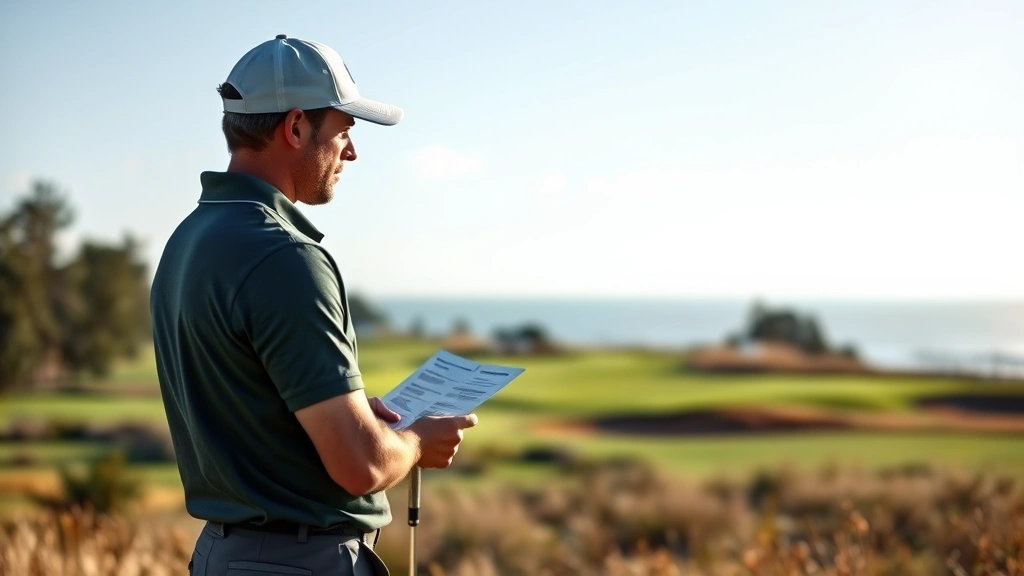 Golfer studying golf course layout and strategy, analyzing terrain and hazards, standing on golf course viewing fairway and green, thoughtful expression
