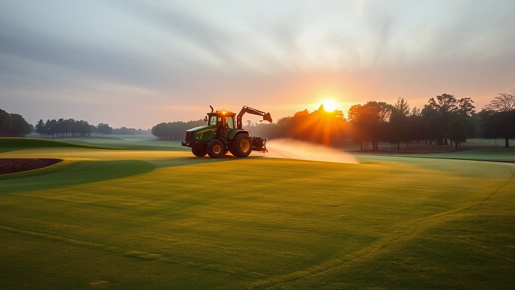 Golf course maintenance equipment working on fairway during early morning, showing drainage system implementation and turf care, photorealistic operational scene