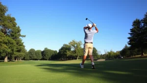 Golfer mid-swing on lush fairway with trees and clear blue sky, professional golf course setting, natural lighting, Wisconsin landscape
