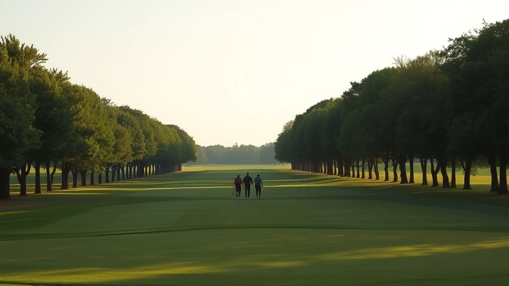 Golfers walking fairway with trees lining both sides, green grass, Wisconsin landscape, late afternoon sunlight, natural outdoor setting, no people faces visible