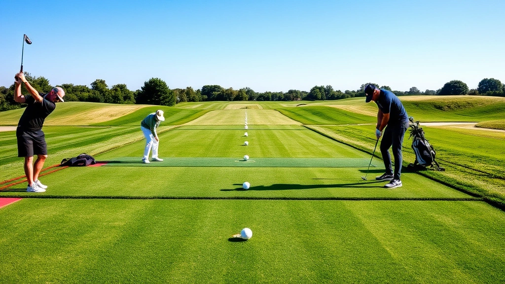 Golf course practice range with golfers hitting balls, manicured grass, distance markers visible, blue sky, professional golf facility, natural lighting