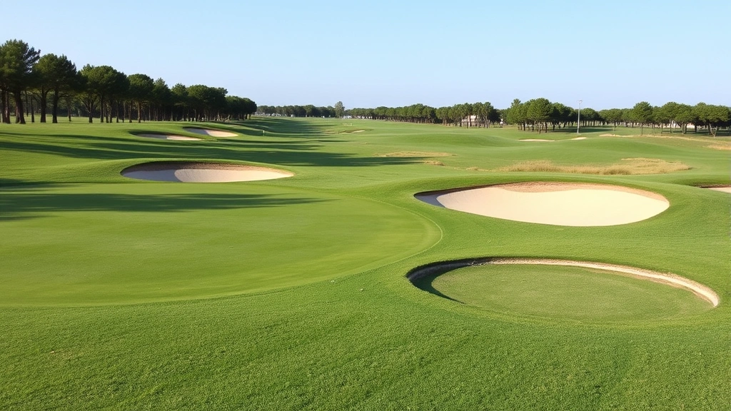 Well-maintained golf course greens with sand bunkers, manicured grass, peaceful scenery, natural daylight, no people visible