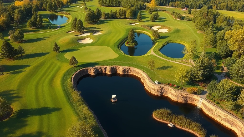 Golf course landscape showing elevation changes, water hazard, tree-lined fairways, scenic Wisconsin terrain, professional course design