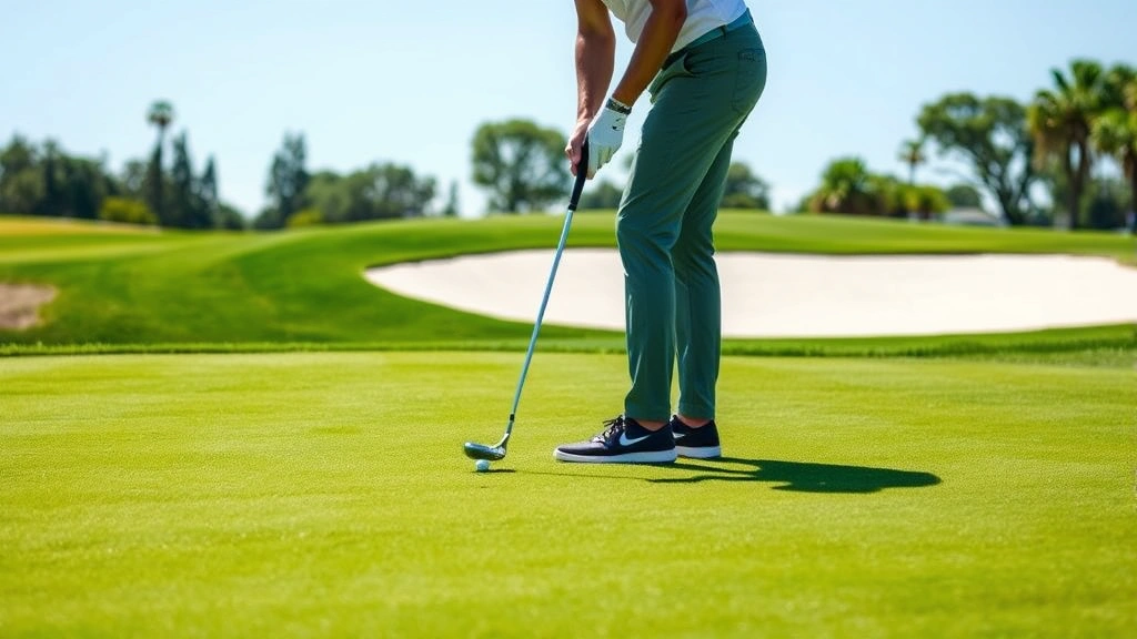 Putting green with golfer working on short game, closely mowed grass, bunker in background, professional course maintenance, outdoor golf setting, natural daylight