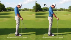 A golfer demonstrating proper grip and stance position at address, standing on a practice tee with golf club, showing body alignment and posture from the side view