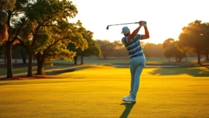 Professional golfer executing perfect swing on lush fairway with trees and water hazard visible in background, golden hour sunlight, Texas landscape setting