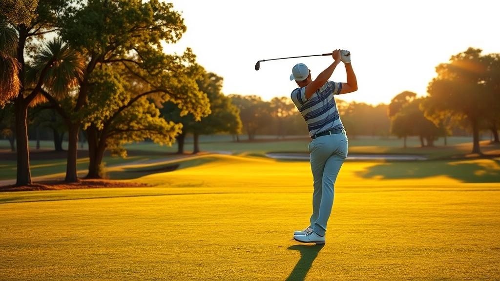 Professional golfer executing perfect swing on lush fairway with trees and water hazard visible in background, golden hour sunlight, Texas landscape setting