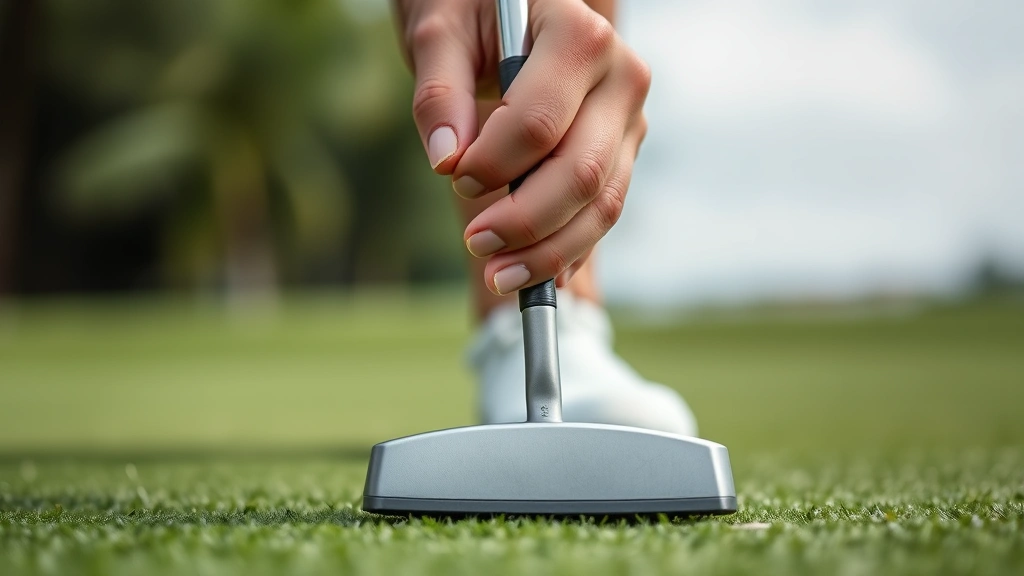 Close-up of a golfer's hands performing a putting stroke on the green, demonstrating proper pendulum motion and putter alignment