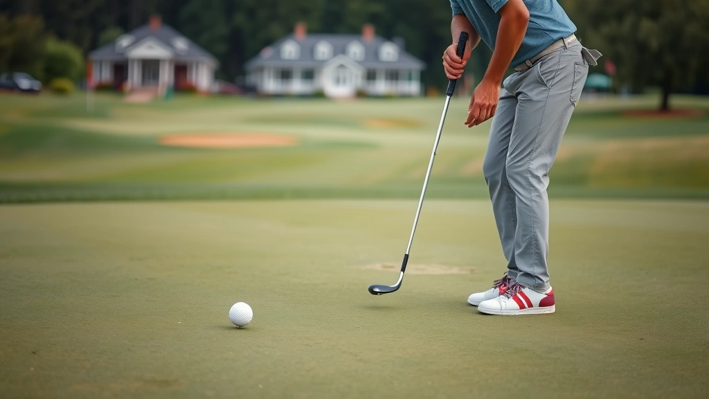 Golfer putting on perfectly maintained green with flag in cup, serious concentration, clubhouse and practice facilities visible in soft-focus background