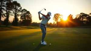 Professional golfer in proper address position demonstrating correct grip, stance, and posture on a golf course fairway during golden hour