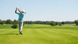Professional golfer mid-swing on lush fairway with manicured grass and distant trees, natural daylight, clear blue sky, vibrant green course conditions