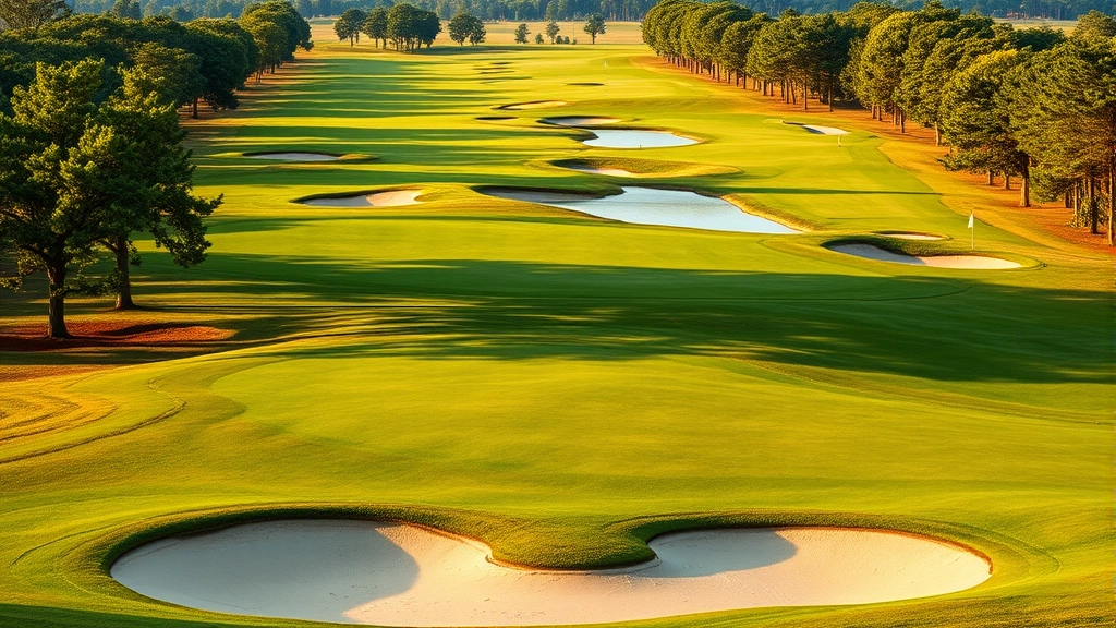 Golf course landscape showing multiple holes with sand bunkers, water features, and mature trees creating scenic routing, early morning or late afternoon lighting