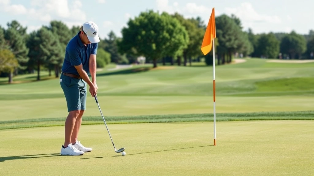 Golfer practicing short-game skills near green, chipping toward flagstick with focused concentration and proper technique on well-maintained course