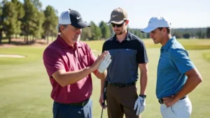 Professional golf instructor demonstrating proper grip and stance to a student golfer on a practice range, showing hand positioning and posture alignment with natural daylight