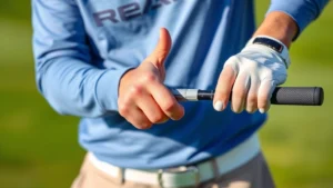 Professional golfer demonstrating proper grip technique on golf club, showing hand position and alignment, outdoor golf course setting with blurred green fairway background