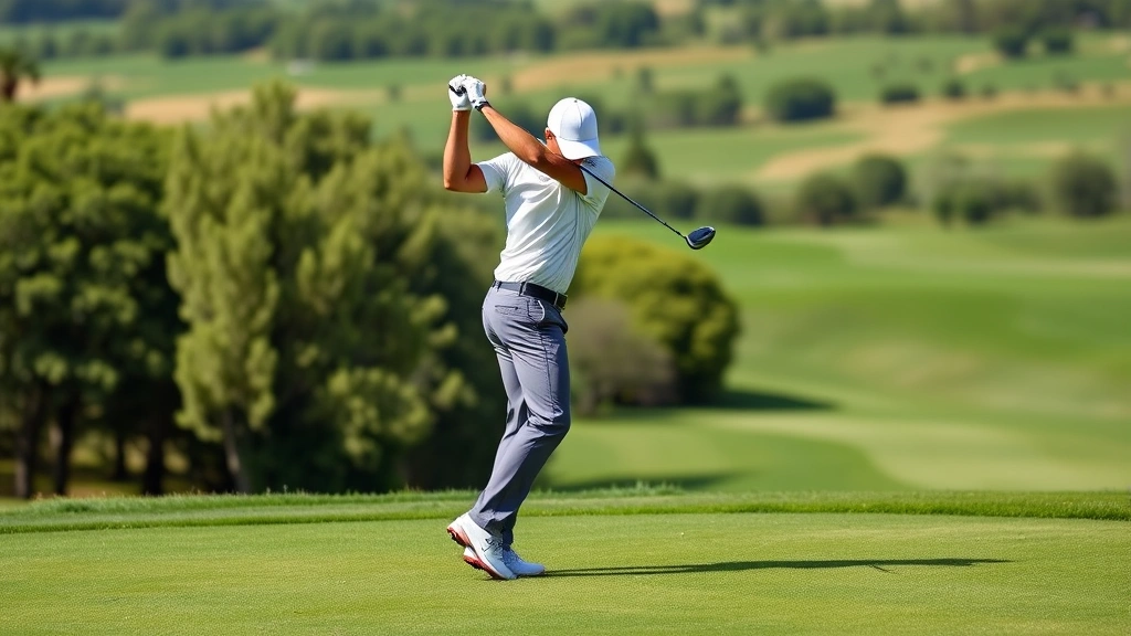 Golfer in mid-swing on a beautiful fairway with lush green grass, demonstrating proper body rotation and balance during the downswing sequence