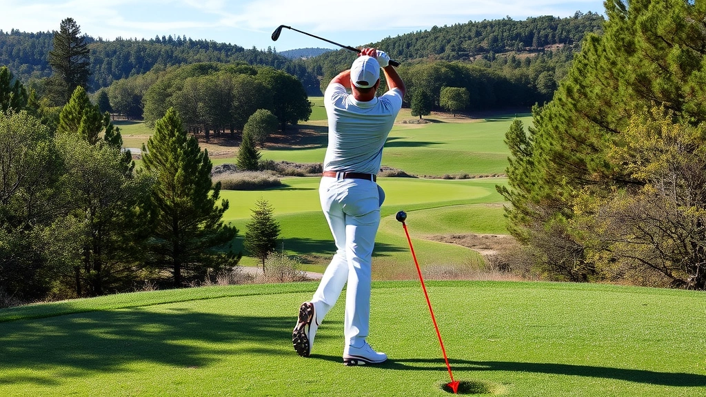 Golfer mid-swing at top of backswing position showing body rotation, coil, and weight distribution on professional golf course with natural landscape