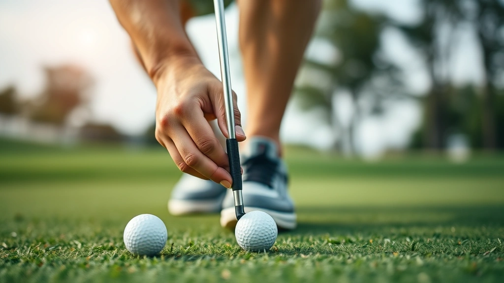 Close-up of a golfer practicing short game shots near the green, chipping or pitching with focused concentration, showing technique and precision work